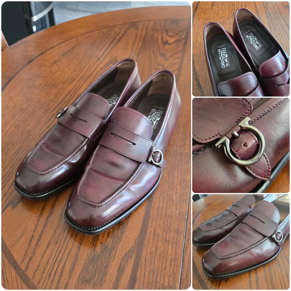 SALVATORE FERRAGAMO TRAMEZZA "Nunzio" Burgundy Buckle Penny Loafers 10 E